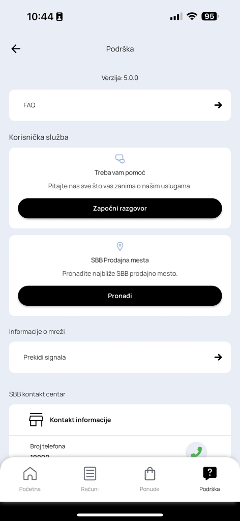 Support page of the Moj SBB app showing customer service options and contact information