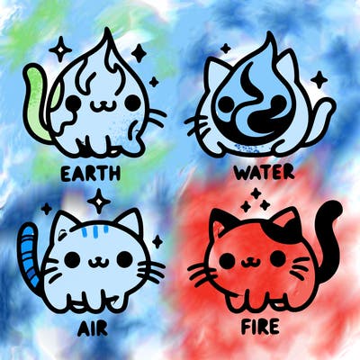 4 cats that represent the different elements, earth, water, air, and fire