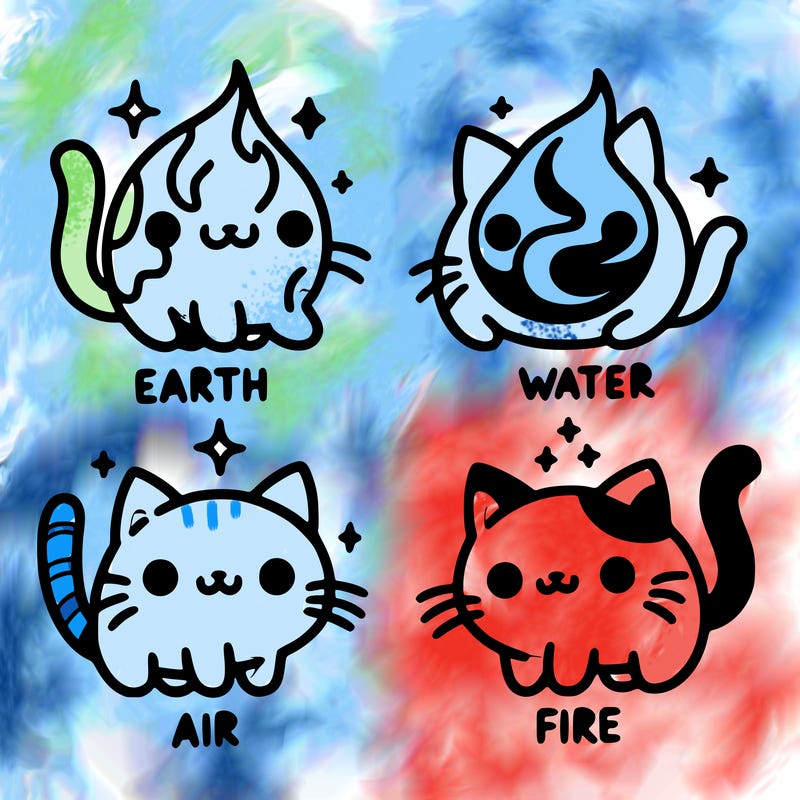 4 cats that represent the different elements, earth, water, air, and fire