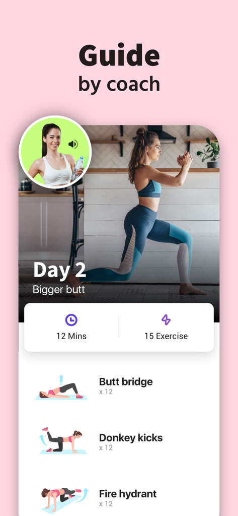 Interface of the Female Fitness app showing a 12-minute guide with exercises like butt bridge and donkey kicks