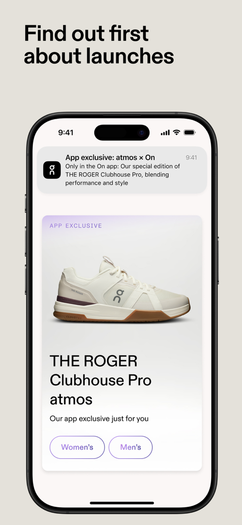 On: Shop Shoes & Apparel - iPhone display showing a notification for an exclusive atmos x On shoe launch with a product preview of THE ROGER Clubhouse Pro.