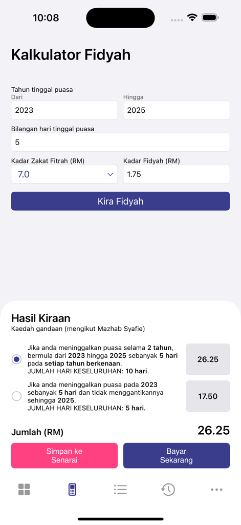eFidyah - Screenshot of the Fidyah calculator interface in the eFidyah app showing input fields for missed fasting days and the final payment calculation.