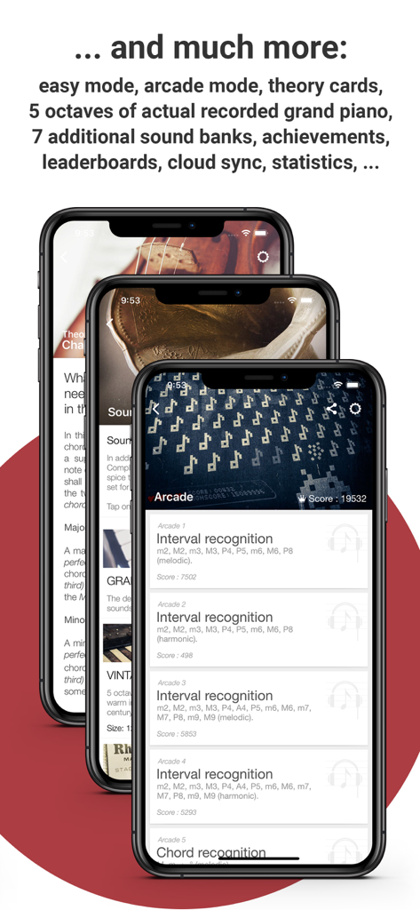 Écrans de l'application Complete Ear Trainer montrant le mode arcade et des exercices de théorie musicale
