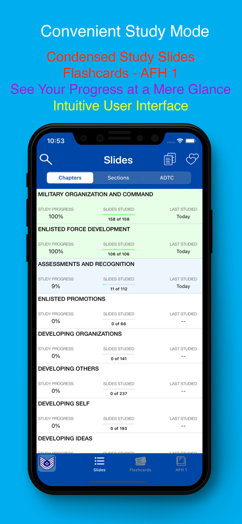 Interface of PDG PROmote 2025 app showing study progress and slide completion for various military chapters