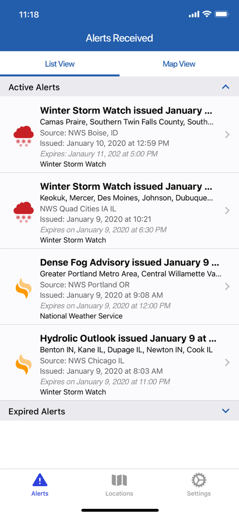 myAlerts - Ein Smartphone-Bildschirm, der eine Liste aktiver Notfall-Wetterwarnungen anzeigt, darunter Wintersturm-Warnungen und Nebelhinweise innerhalb der myAlerts-App.