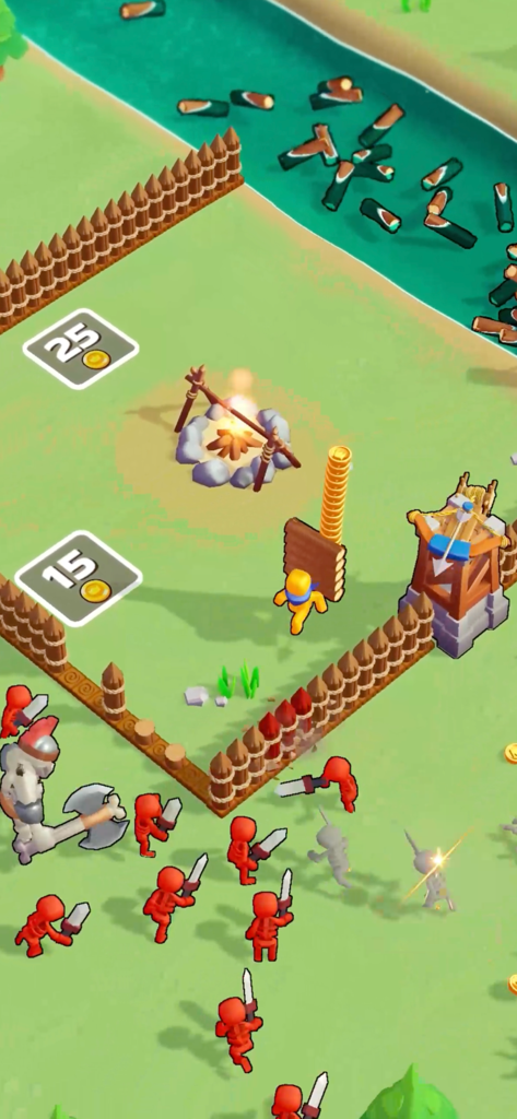 XP Hero - Un héros bonhomme bâton jaune défendant une base clôturée contre des ennemis rouges dans XP Hero