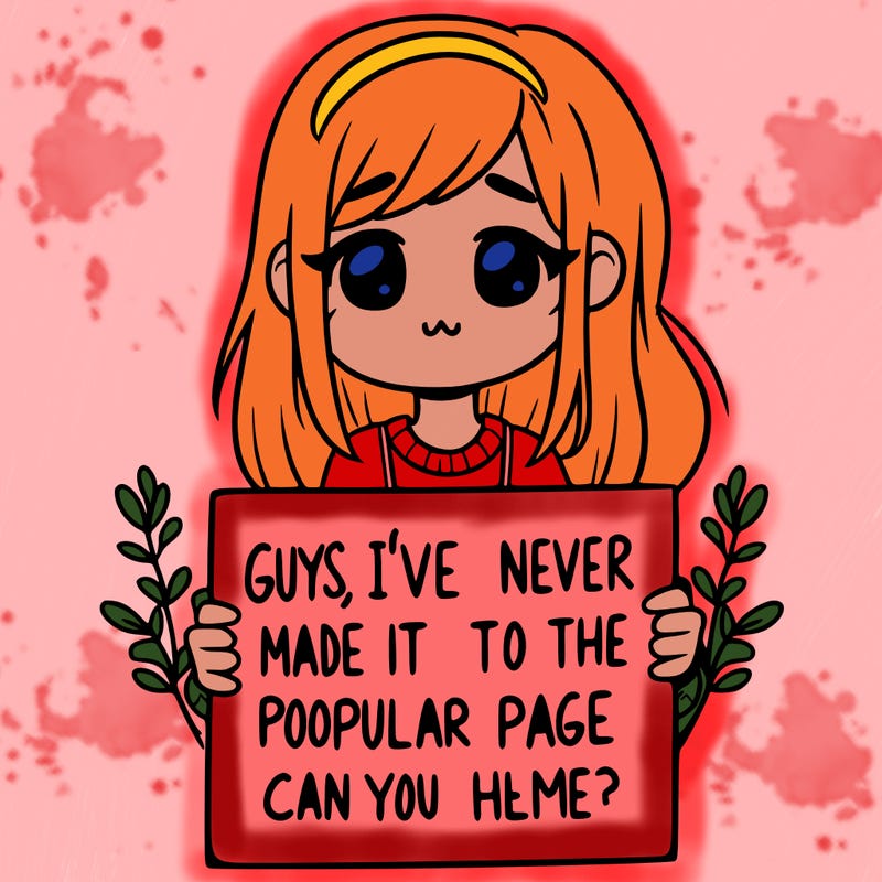 a girl holding up a sign that says, guys, i’ve never made it to the popular page, can you help me?