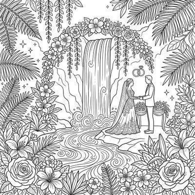 Immerse yourself in a beautiful celebration of love with this exquisite coloring page. A charming bride and groom stand before a dramatic plunge waterfall, surrounded by intricate floral details, perfect for a relaxing and romantic coloring session.