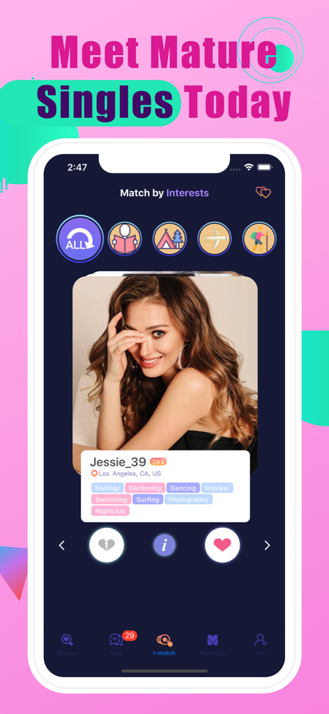 Interfaz de la aplicación de citas Maduro que muestra el perfil del usuario y la función de coincidencia por intereses.