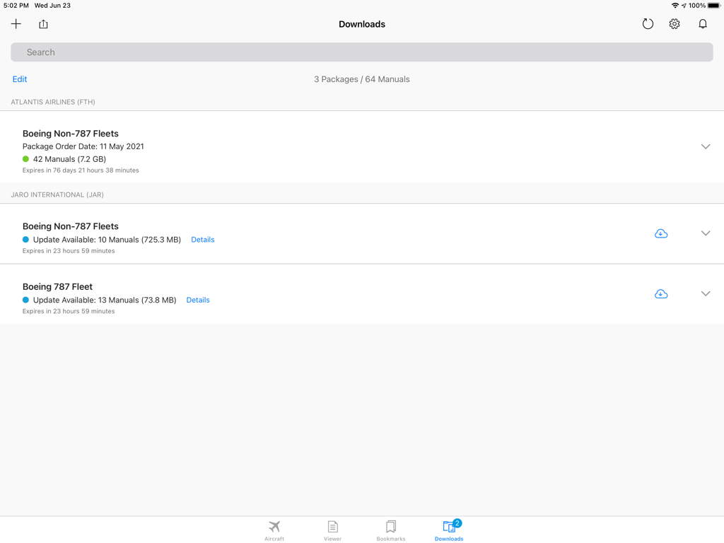 Schermata di download dell'app Boeing Toolbox che mostra pacchetti di manuali di manutenzione aeromobili per flotte 787 e non 787