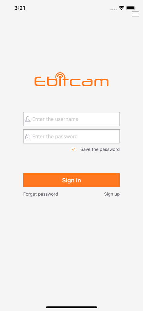 Ebitcam - Login screen for the Ebitcam smart home security app