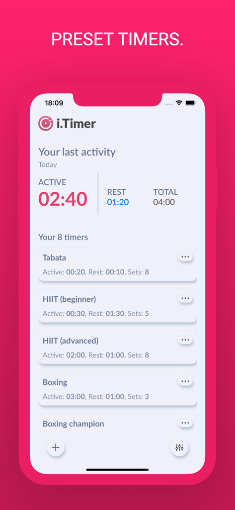 i.Timer app home screen displaying a list of preset workout timers including Tabata and HIIT