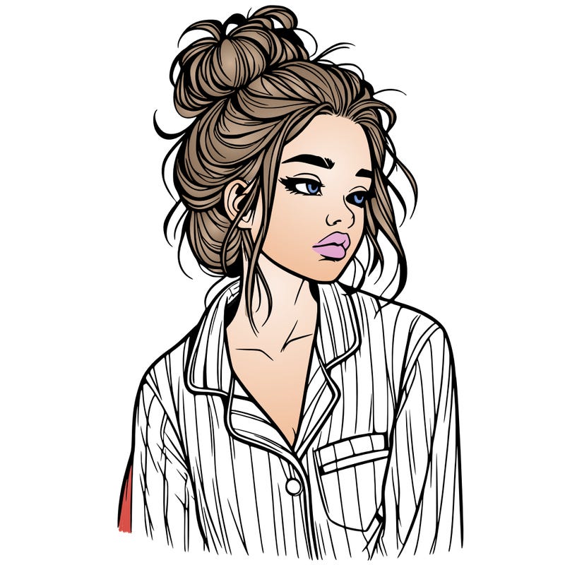 realistic woman with pajamas on and a messy bun