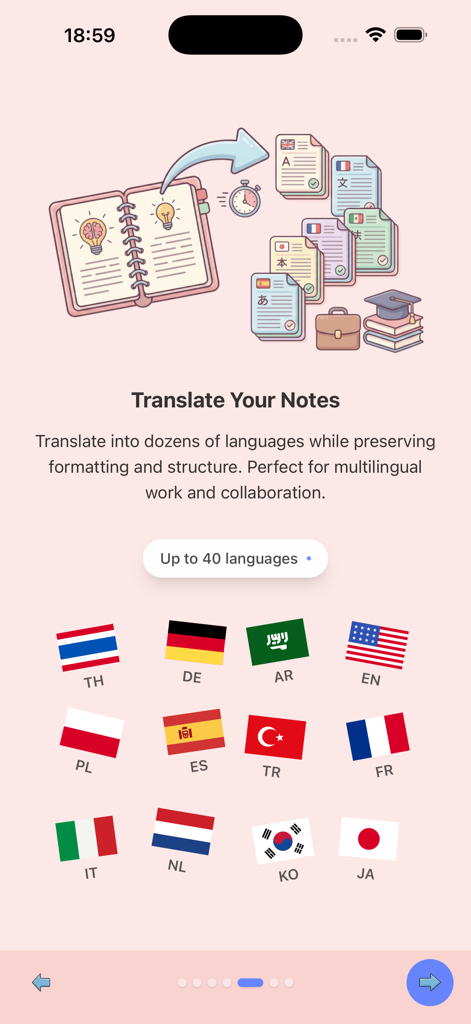 An app screen titled Translate Your Notes showing various national flags and a description of multilingual support for up to 40 languages.
