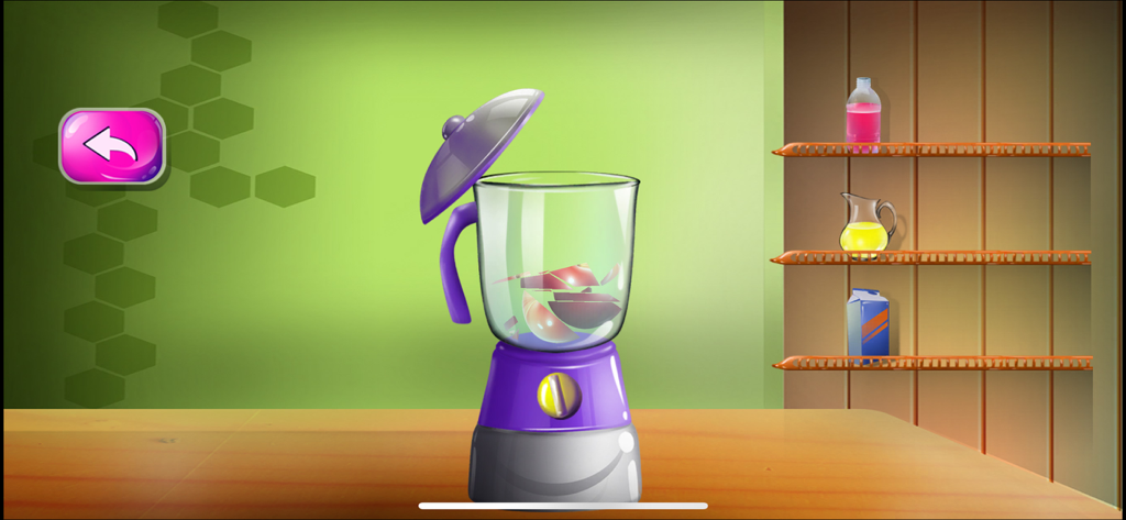 Cooking Chef: Master Kitchen - Un frullatore viola con frutta rossa affettata all'interno su un bancone di cucina in legno