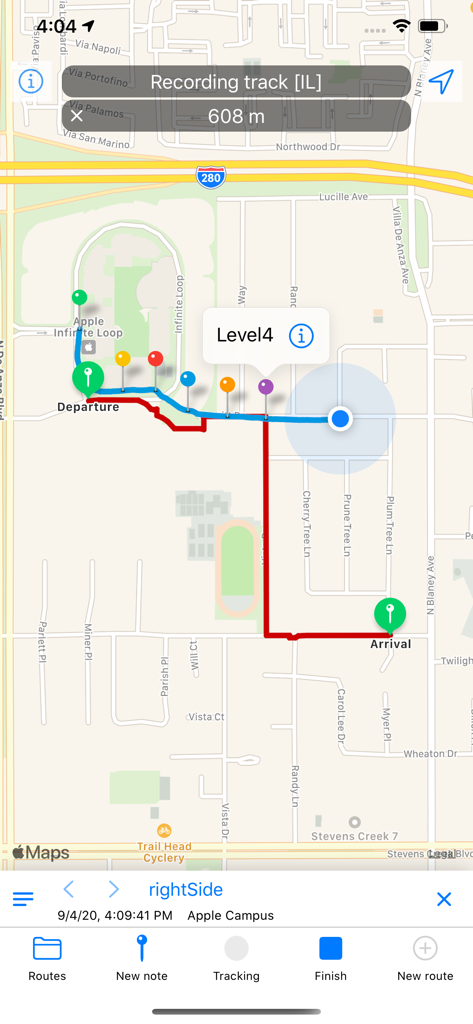 RouteNote app interface showing a recorded GPS path with colored pins and location markers on a map
