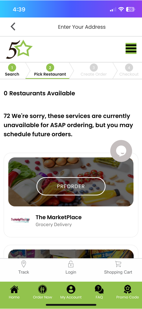 Pantalla de la app de entrega a domicilio Five Star que muestra la pre-orden de comestibles para The MarketPlace