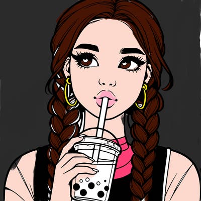 realistic girl with braided hair drinking boba