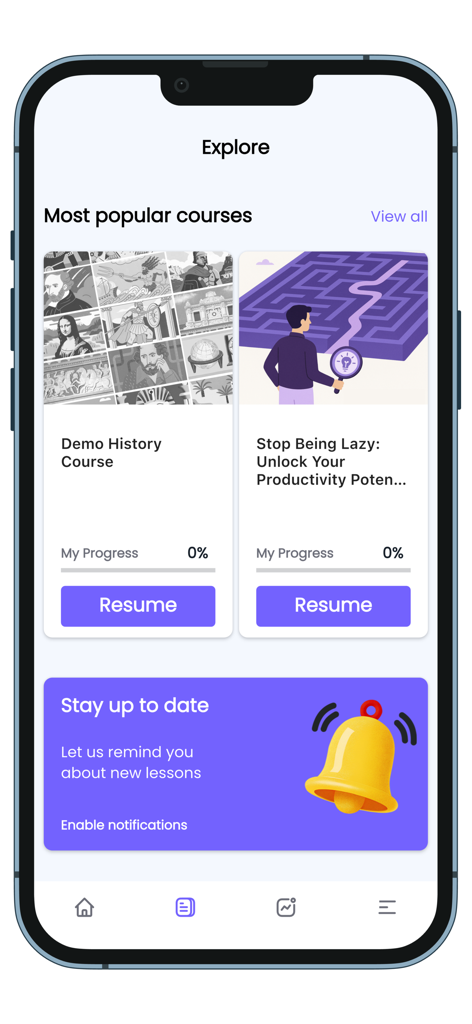 The explore section of MyHistory app showing popular history and productivity courses.