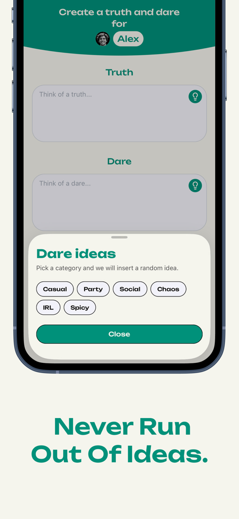 TryMe: Truth Or Dare - Bildschirm zum Erstellen von Wahrheiten und Pflichten mit Kategorien wie Party und Chaos