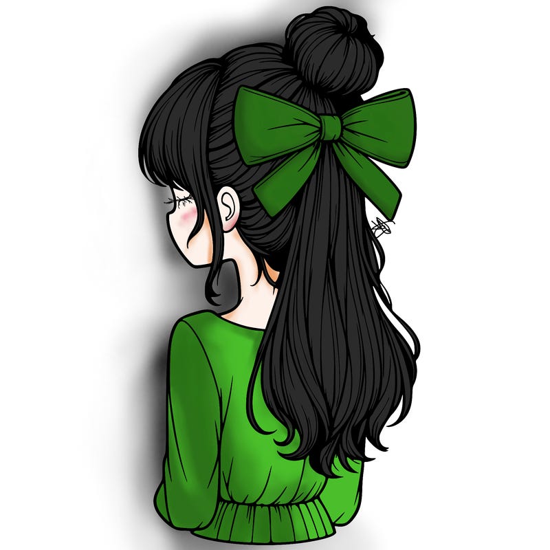 realistic girl  with hip length hair a bun and a big bow on the back of head