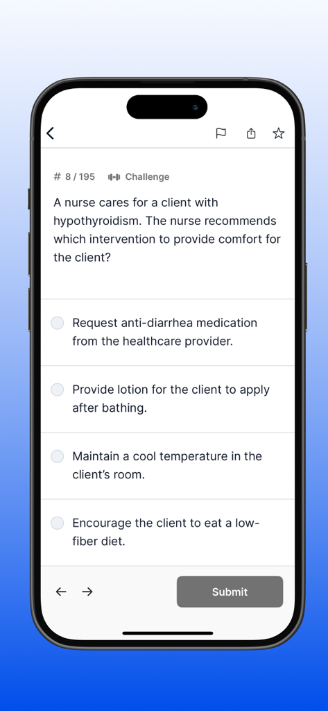NCLEX PN Mastery Prep - 2026 - Tela do iPhone mostrando uma questão de prática de múltipla escolha no aplicativo NCLEX PN Mastery Prep.