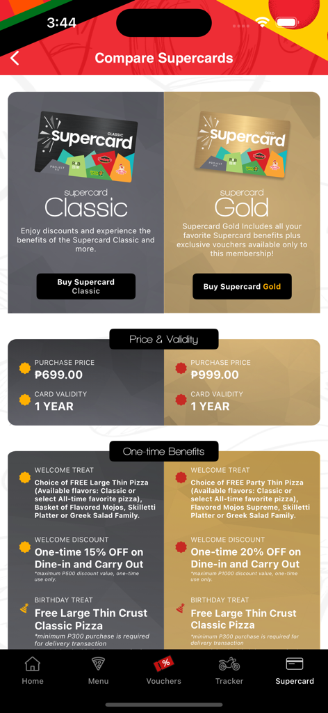 Comparison screen of Shakey's SuperCard Classic and Gold membership tiers showing prices and benefits.