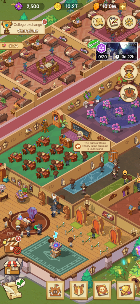 Idle Magic Academy - Uma vista de cima para baixo de uma sala de aula de escola de magia e dormitórios de estudantes no jogo para celular Idle Magic Academy.