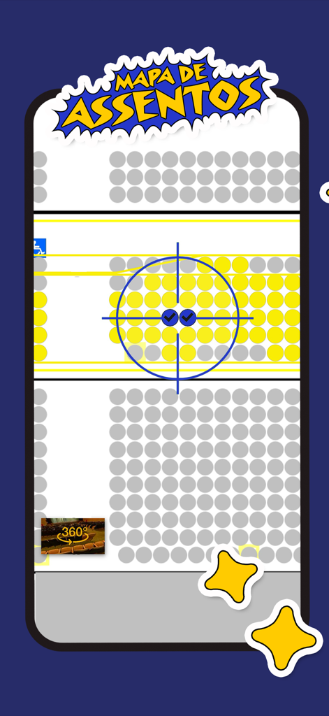 EVENTIM Brasil - Interactive seat map selection screen in the EVENTIM Brasil mobile app with a 360 degree view option