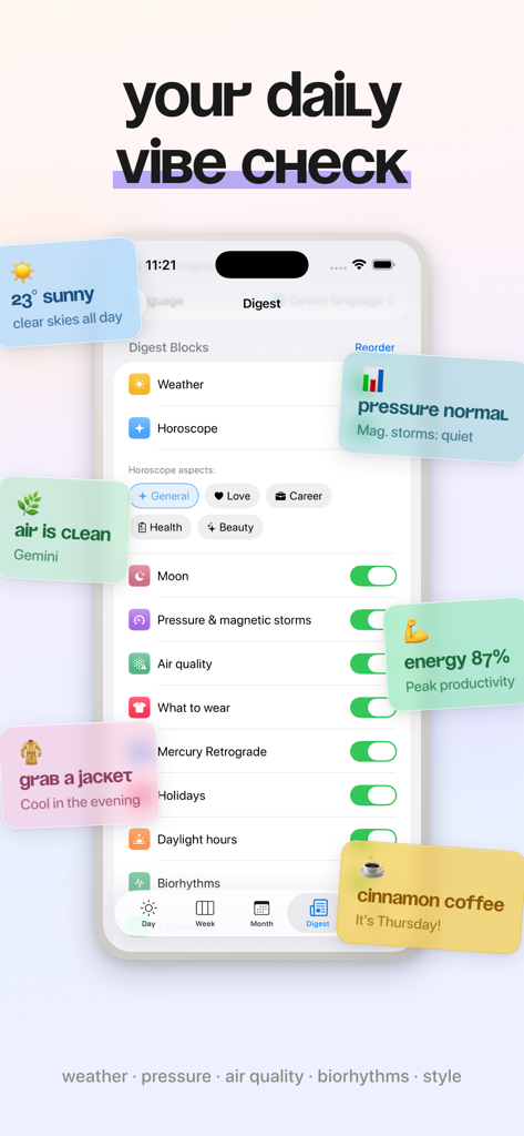 Calendar & Daily Planner - Eva - Tägliche Digest-Ansicht der Eva-App mit Wellness-Wetter- und Horoskop-Blöcken unter dem Titel Dein täglicher Vibe-Check