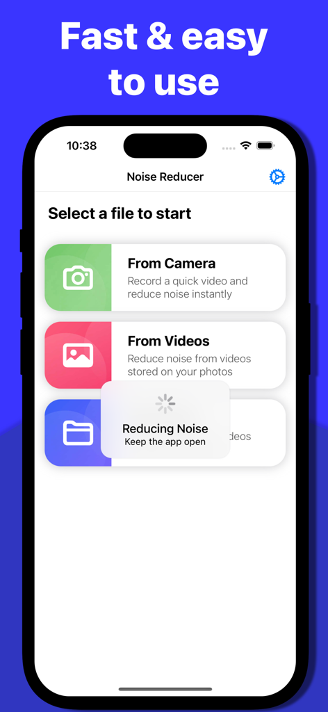 iPhone screen showing the Noise Reducer app interface with a loading message while removing background noise