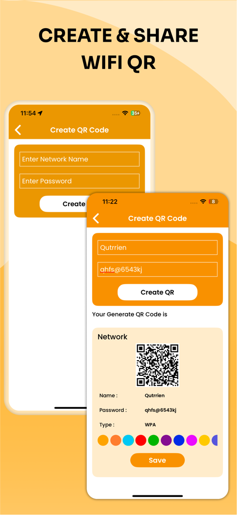 Wifi Password : Connect WIFI - Interfaz de la aplicación para crear y compartir un código QR WiFi personalizado con detalles de la red