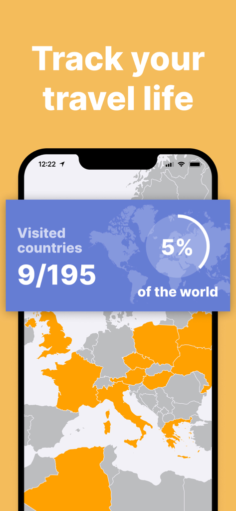 Mobile app screenshot showing visited countries statistics and a travel map with highlighted regions