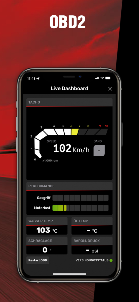Aplicación RideLink Connect mostrando un tablero en vivo de motocicleta con datos de velocidad, RPM y temperatura del motor en tiempo real