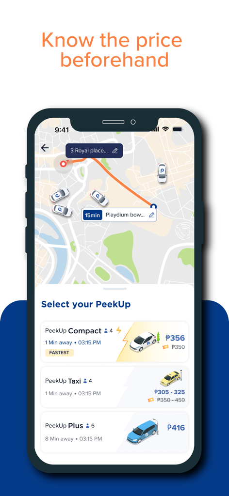 PeekUp app ride selection screen showing various vehicle options and upfront pricing