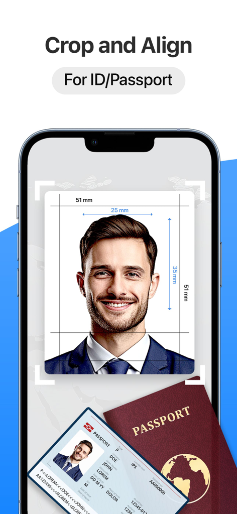 IPhone screen displaying the crop and align tool for passport and ID photos with biometric measurements