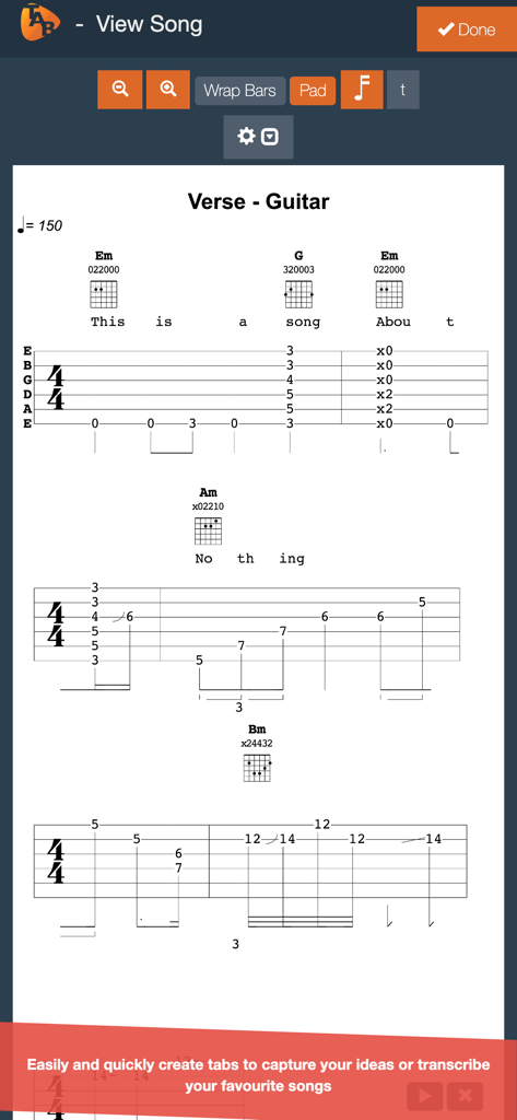 Guitar Notepad - Tab Editor - Mobile app interface showing guitar tabs with chords and lyrics