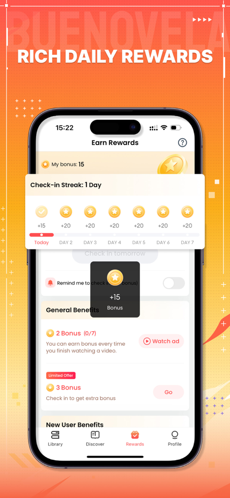 A mobile screen of the BueNovela app displaying daily rewards and a check in streak to earn bonuses for reading web novels.