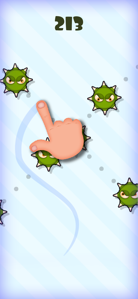 Un dedo esquivando monstruos verdes con púas en el juego móvil Mmm Fingers