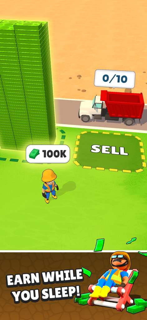Gameplay screen of Drill and Collect showing a large stack of cash and an idle worker sleeping with the text earn while you sleep.