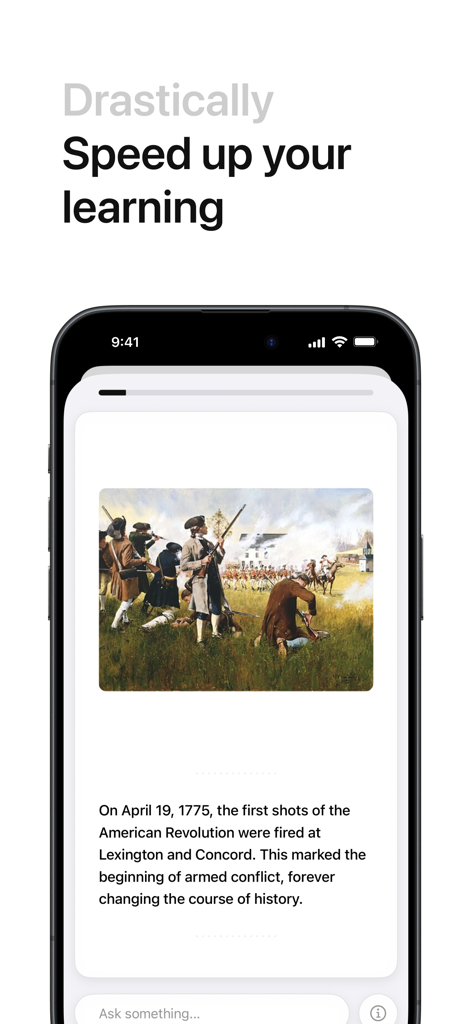 Grasp - AI Crash Courses - A mobile app screen from Grasp showing a short history lesson on the American Revolution with an image and summary text.