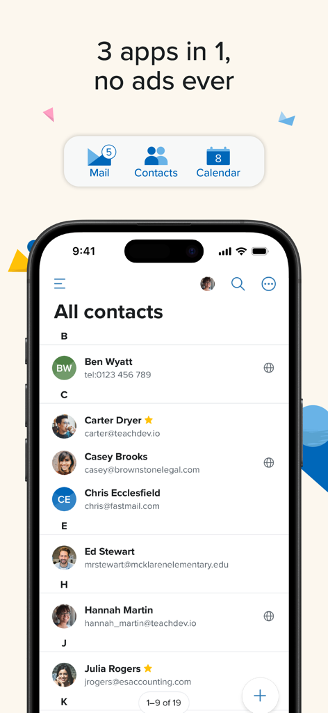 Fastmail – Email & Calendar - Fastmail mobile app screenshot showing the contacts list and navigation icons for mail and calendar with a privacy focused message