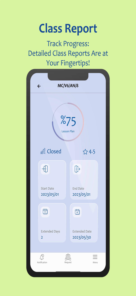 Team MELI - Team MELI app class report screen showing 75 percent lesson plan progress and class schedule dates
