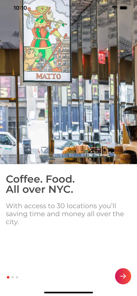 Matto Espresso - Tela de integração do aplicativo Matto Espresso mostrando um interior de cafeteria e texto sobre locais de café e comida em NYC