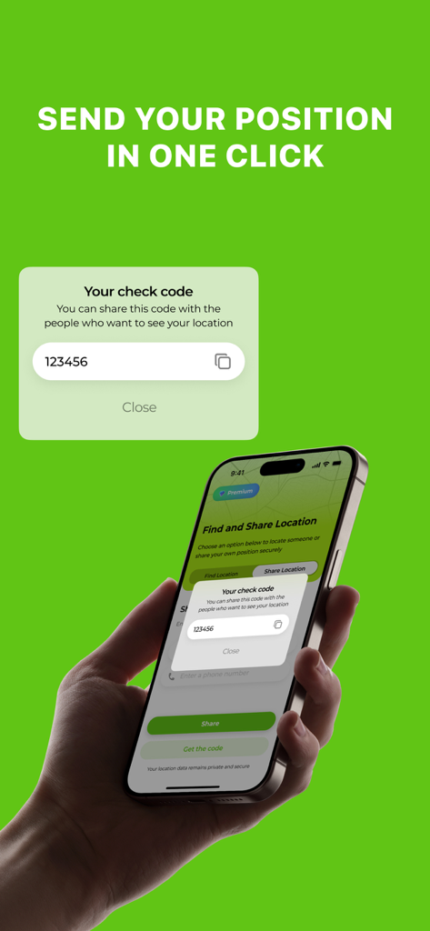 Family Locator GPS Virtual Map - Una mano sosteniendo un teléfono inteligente que muestra la función de compartir posición con un solo clic con un código de verificación único en la aplicación Localizador Familiar GPS.