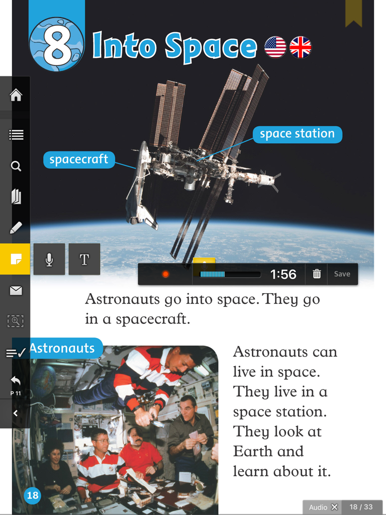Uma aula digital de inglês sobre o espaço com gravação de áudio interativa e ferramentas de destaque de texto