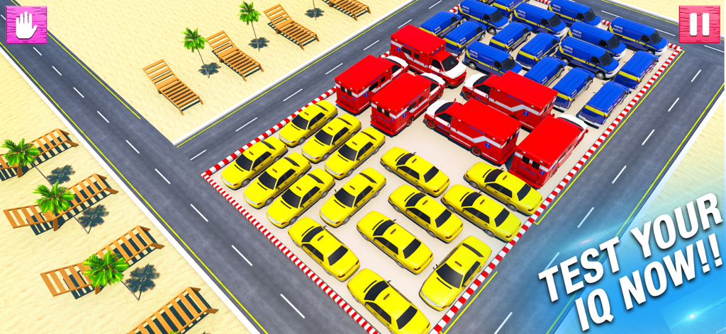 A parking jam puzzle game featuring yellow cars, red ambulances, and blue vans in a beach setting with a text overlay saying test your iq now