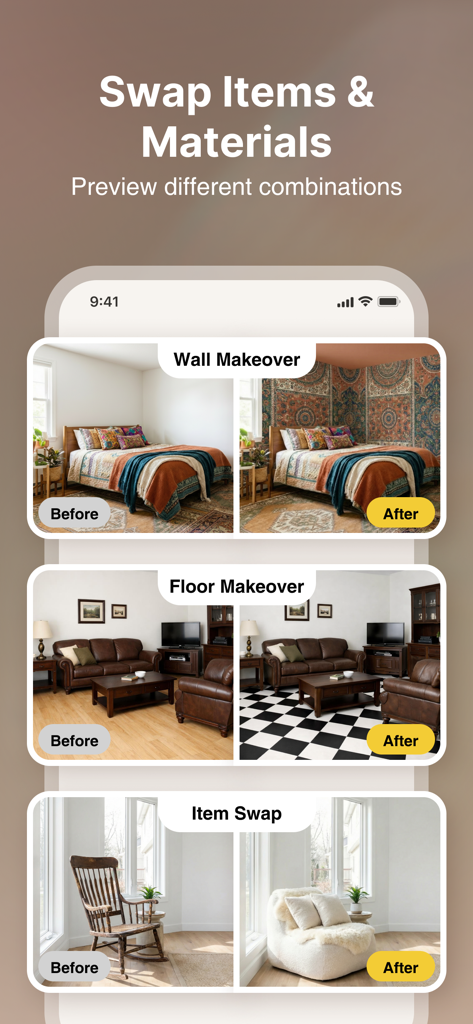 HomeGPT：AI Interior Design - Before and after comparisons of wall makeover floor makeover and furniture swap using AI interior design