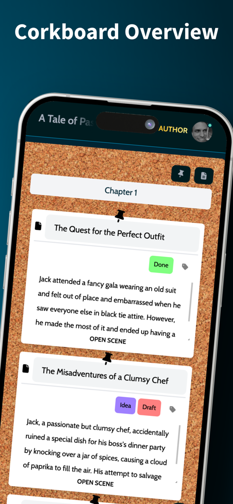 A mobile app interface showing a virtual corkboard with scene summaries and chapter organization for writers.