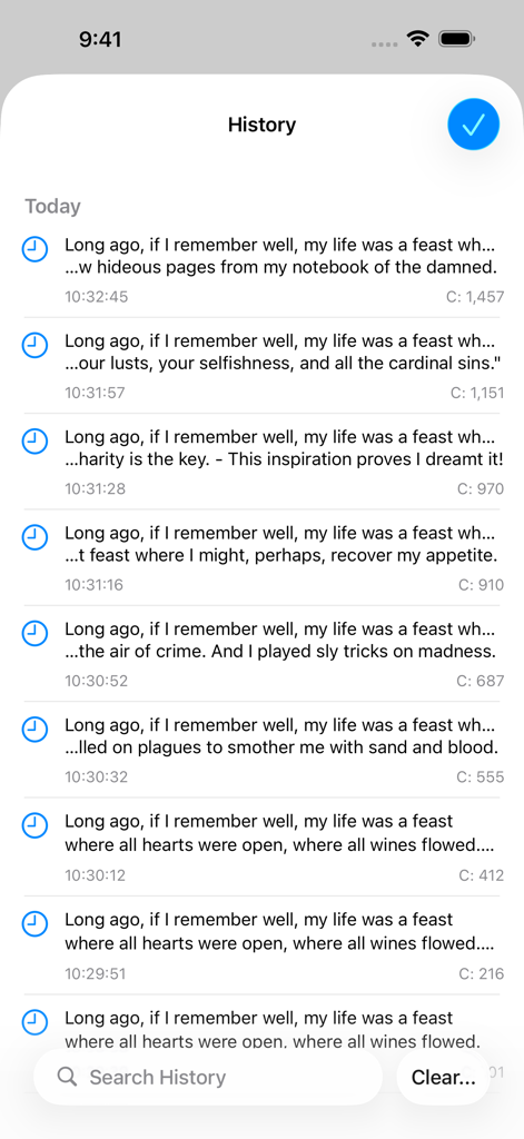 Textwell - Visualizzazione della cronologia di Textwell che mostra frammenti di testo con timestamp e barra di ricerca.